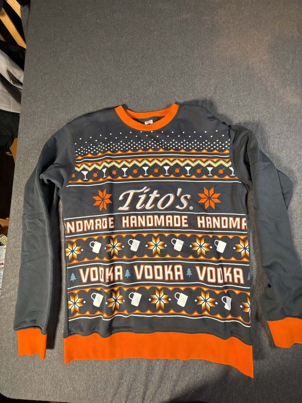 Tito's Handmade Vodka Ugly Christmas Sweater Sweatshirt Charcoal Gray Size S